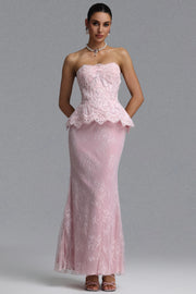 Maci Elegant Waist-Cinching Strapless Ruffle Hem Lace Beaded Embroidery Bodycon Mermaid Maxi Evening Dress